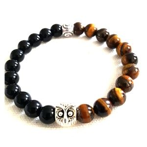 MEN'S ONYX&AGATE STONE OWL BRACELET